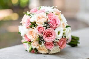 Elegant pink and white bridal bouquet.