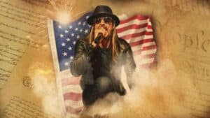 A woman performing with American flag background a.
