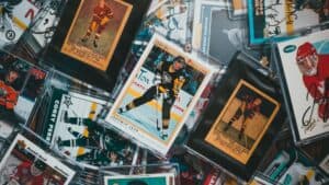 Collection of hockey trading cards at Florida Fair.